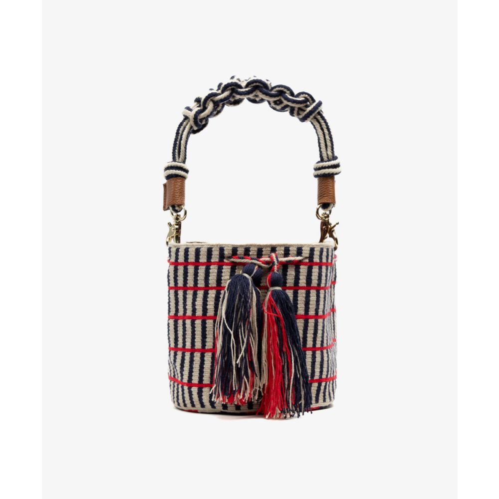 Crossbody Bag M with short macrame handle - PEACOCK - BEIGE & NAVY BLUE
