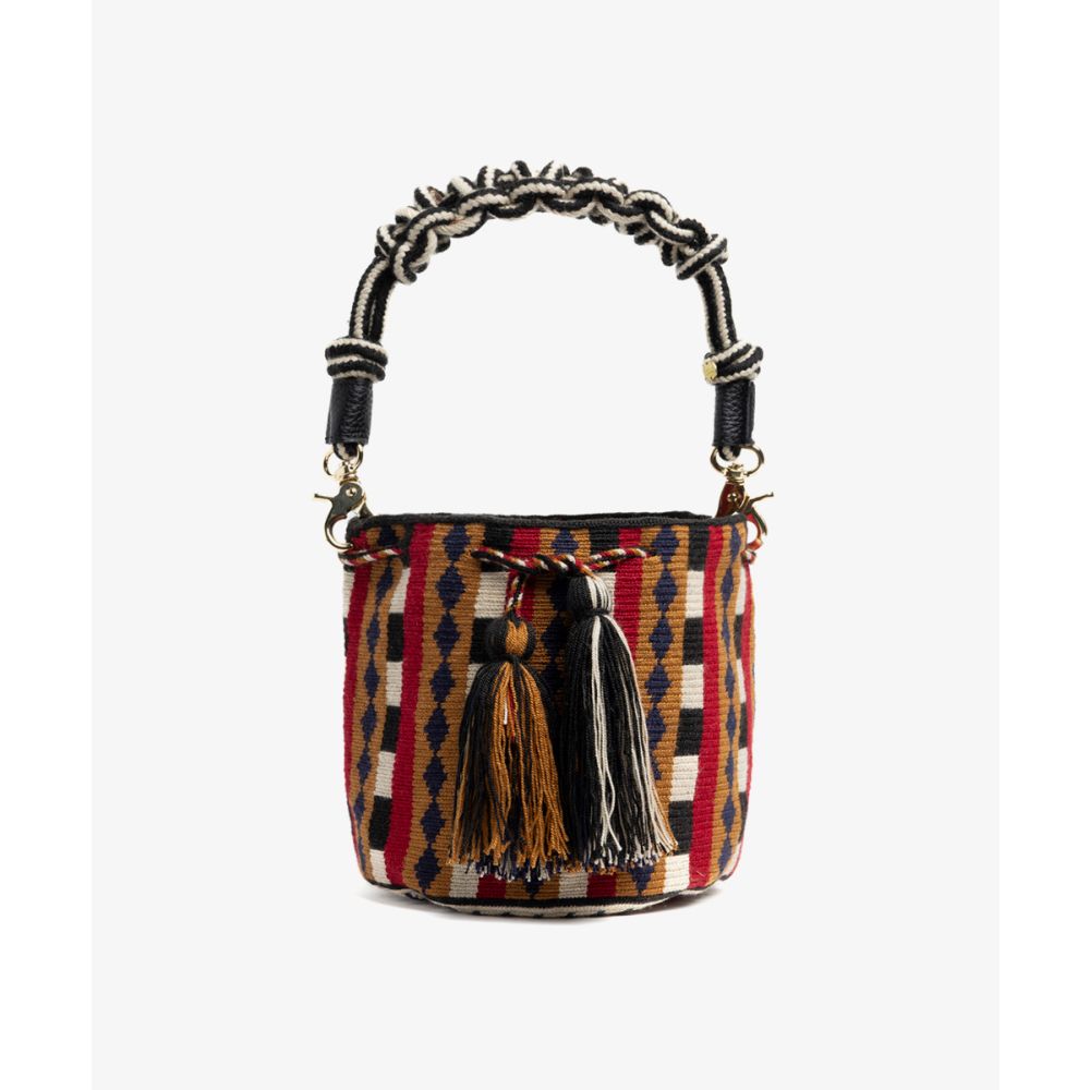 Crossbody Bag M with short macrame handle -  BEIGE & RED
