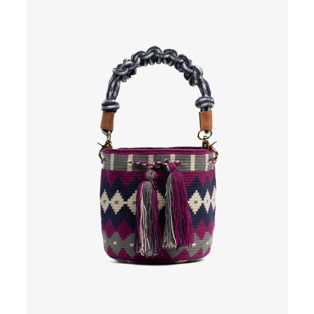 BOLSO CRUZADO M CON ASA DE MACRAMÉ - VALERIE - BURDEOS & GRIS
