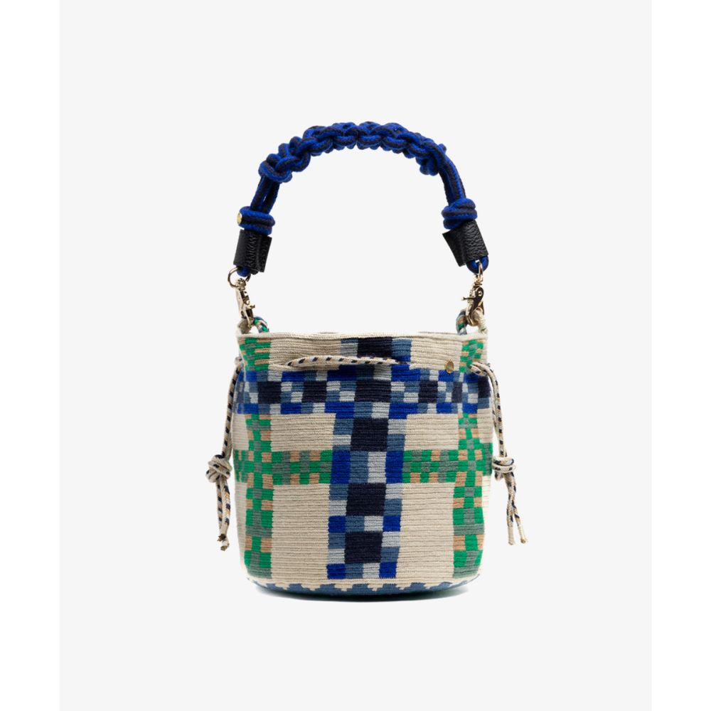 BOLSO MITRA CON ASA DE MACRAMÉ -  DELPHINIUS - BEIGE Y AZUL