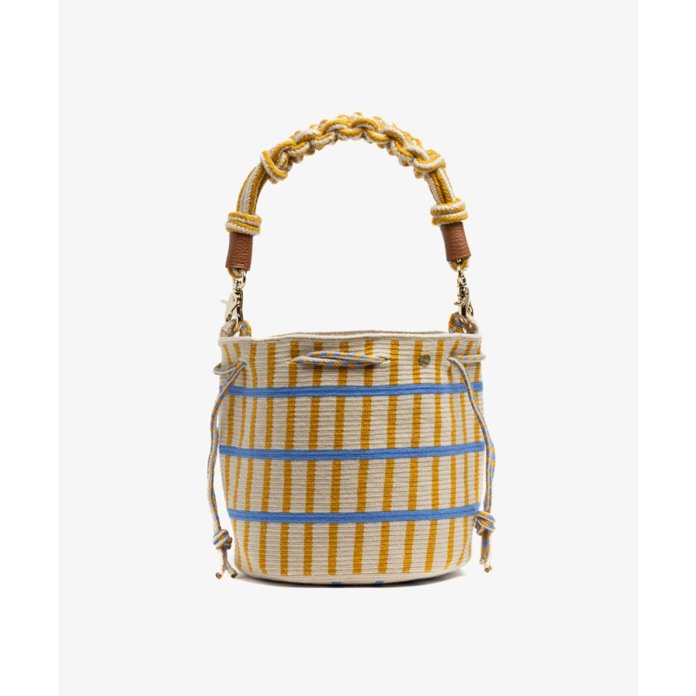 BOLSO MITRA CON ASA DE MACRAMÉ - PEACOCK - MOSTAZA Y AZUL