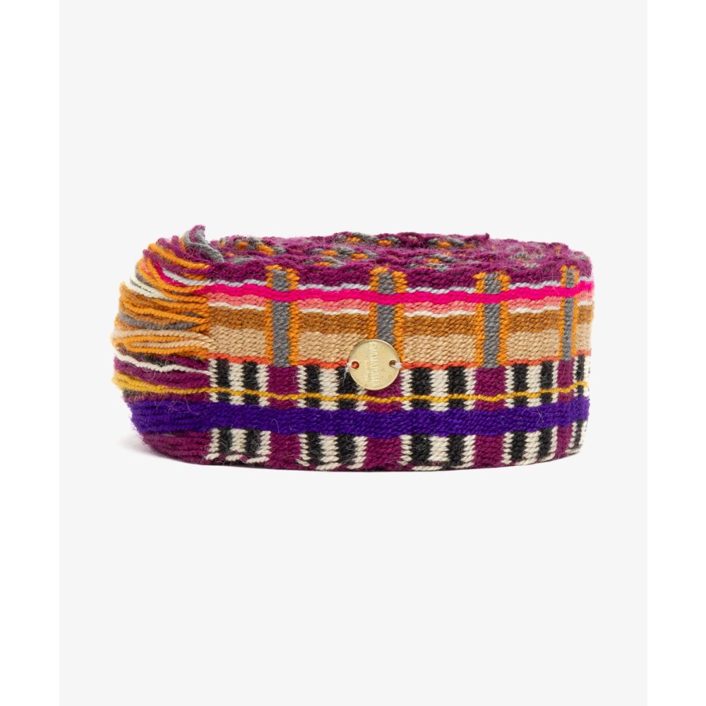 Cinturón de flecos morado y beige