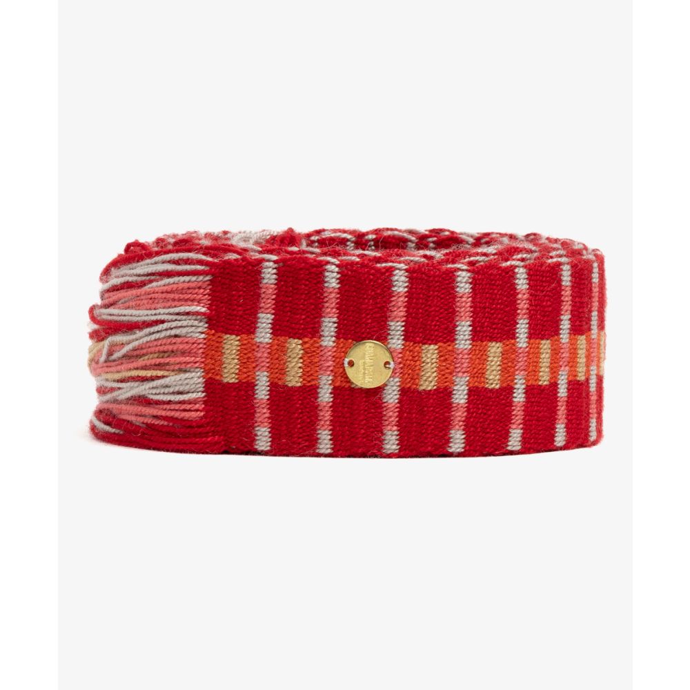 Cinturón de flecos rojo y rosa