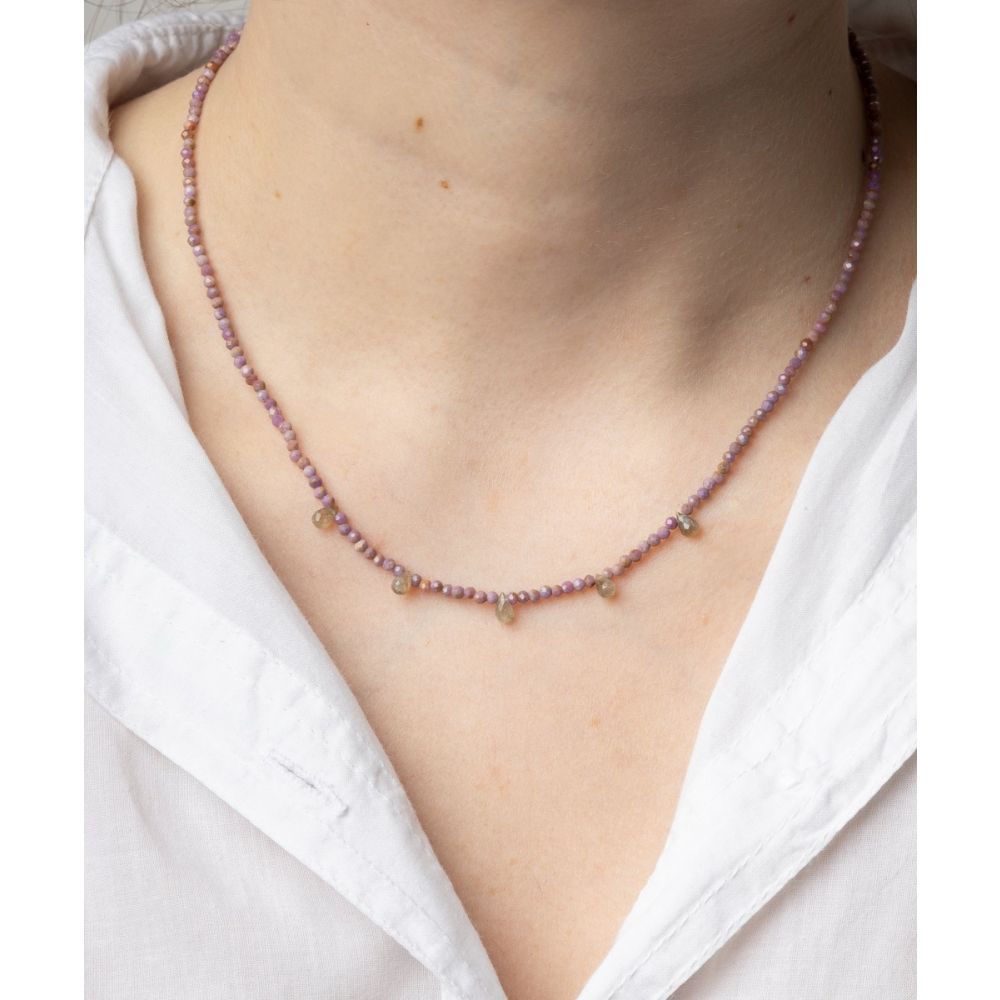 Martha necklace - Fuchsia tourmaline with 5 semi precious stones drops