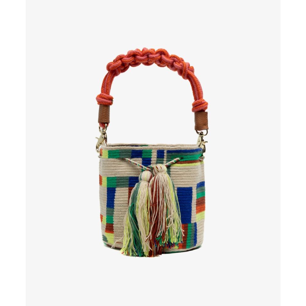 Crossbody Bag M with short macrame handle - CAPRICORNUS - BEIGE & MULTICOLOR