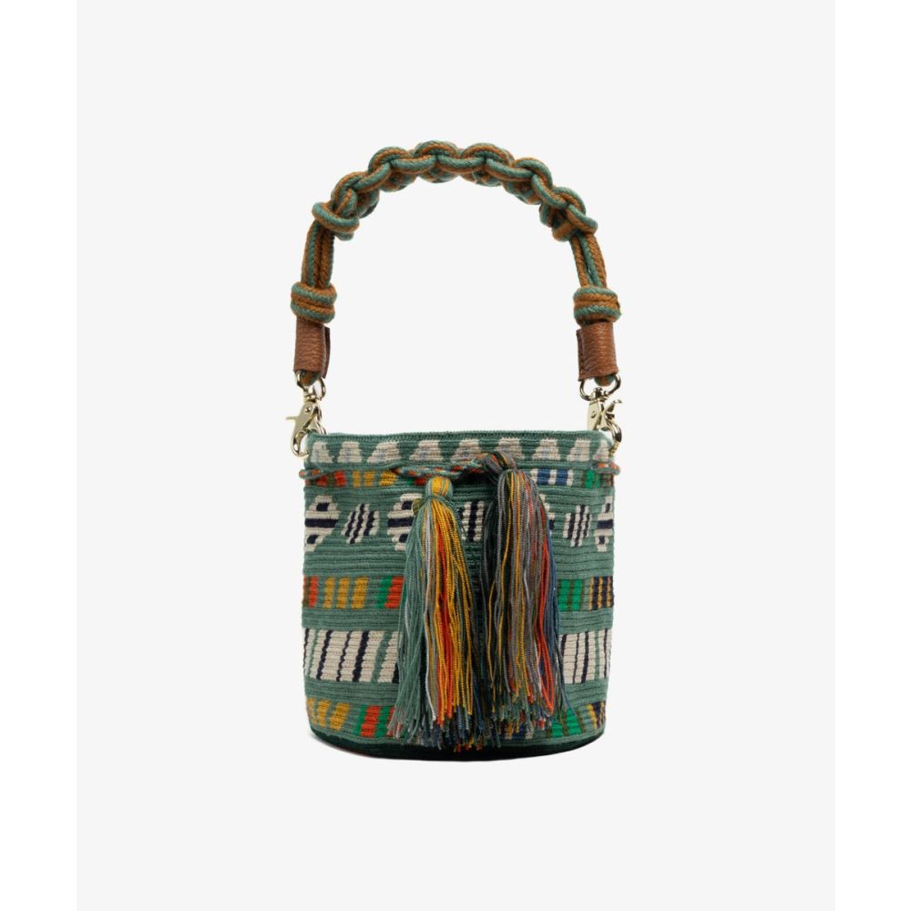 Crossbody Bag M with short macrame handle - ARIES - JADE GREEN & MULTICOLOR