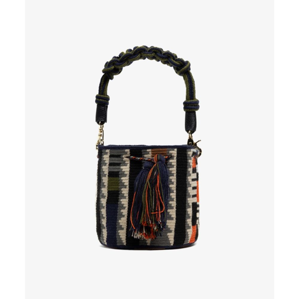 Crossbody Bag M with short macrame handle -  CORVUS - BLACK & GREY