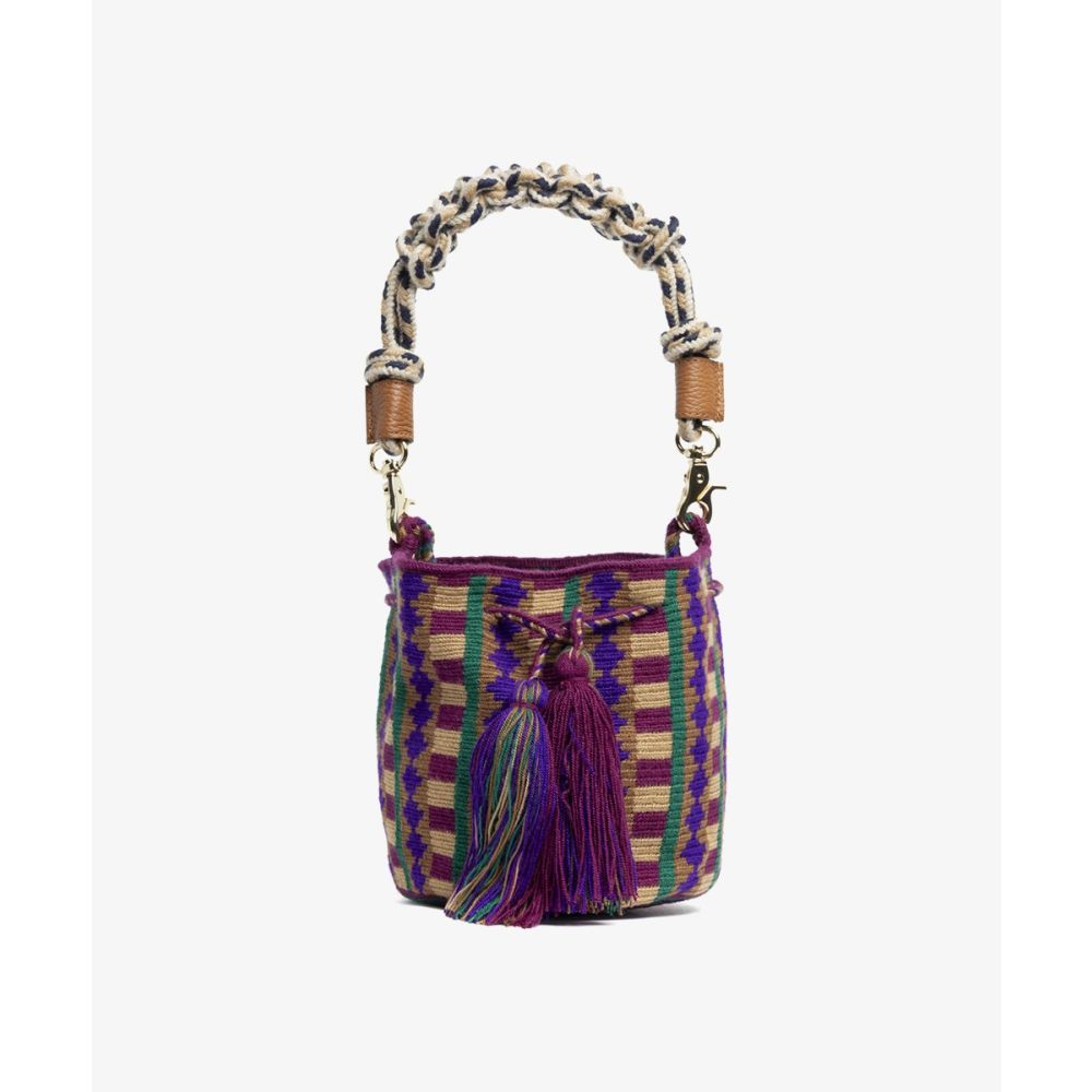 BOLSO CRUZADO M CON ASA DE MACRAMÉ - DAWN -  BORGOÑA Y VERDE