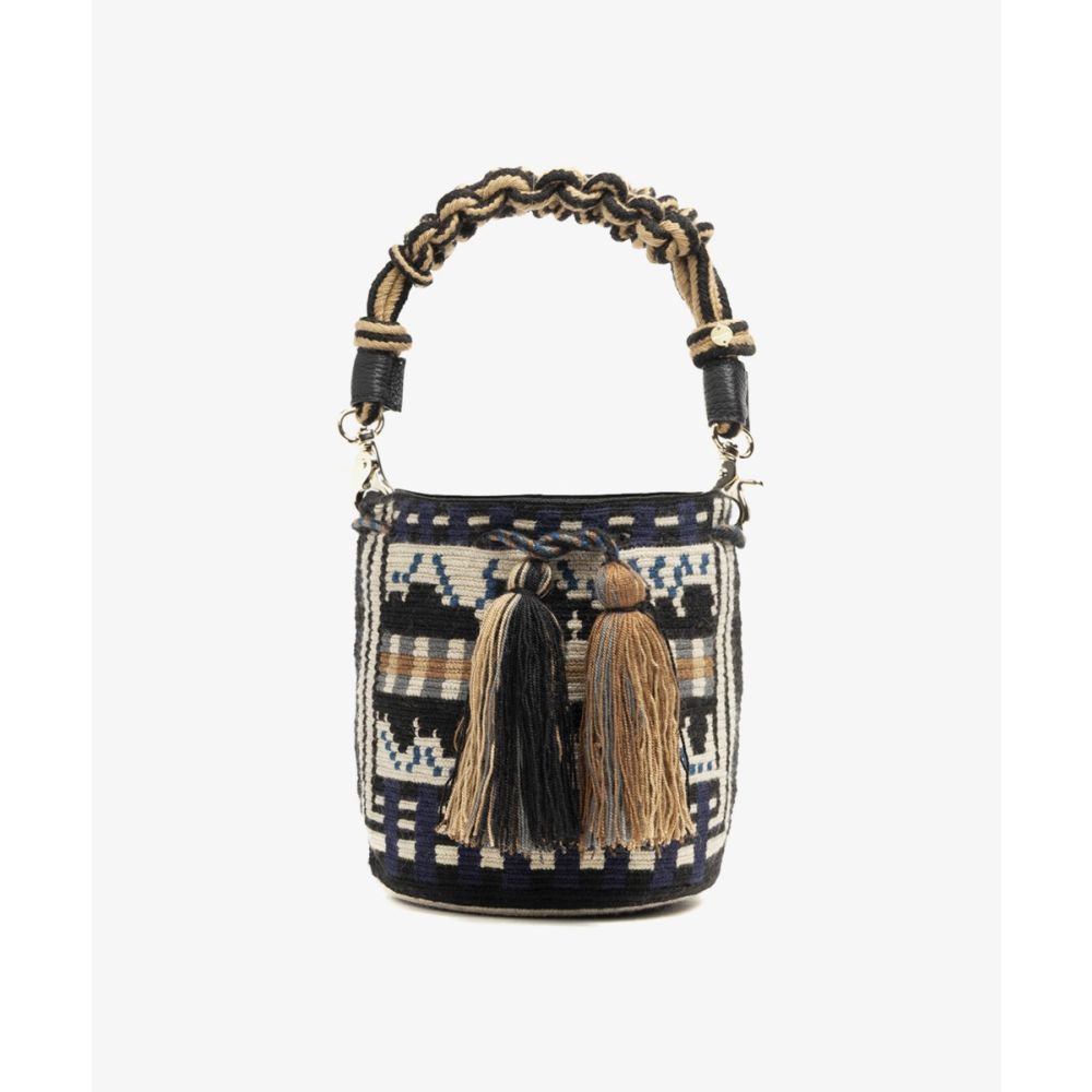 BOLSO CRUZADO M CON ASA DE MACRAMÉ - ELEANOR - NEGRO & BEIGE