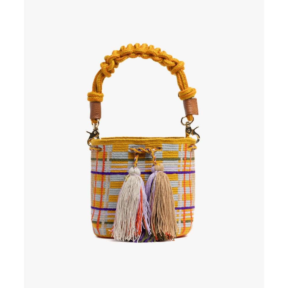 Crossbody Bag M with short macrame handle - MILDRED - MUSTARD & LIGHT BLUE