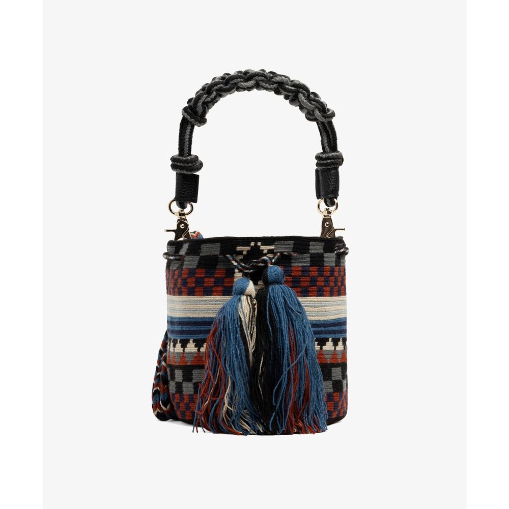 BOLSO CRUZADO M CON ASA DE MACRAMÉ - FELICITY - AZUL Y BEIGE
