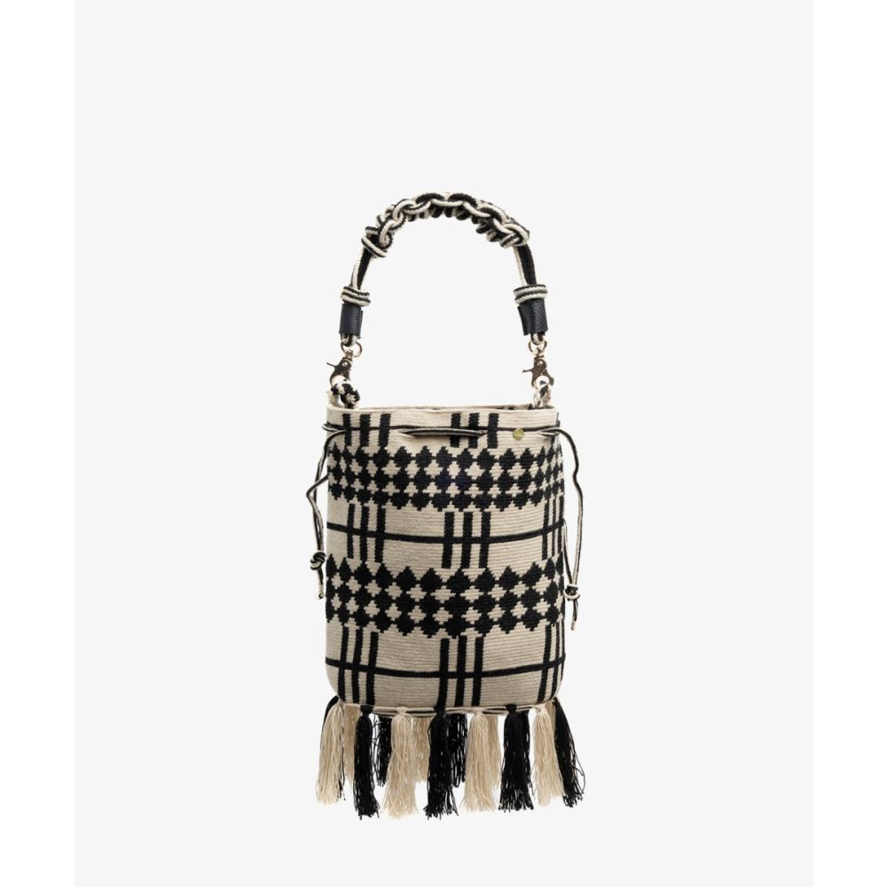 Bolso Zoe con Asa de Macramé - AQUARIUS - BEIGE Y NEGRO