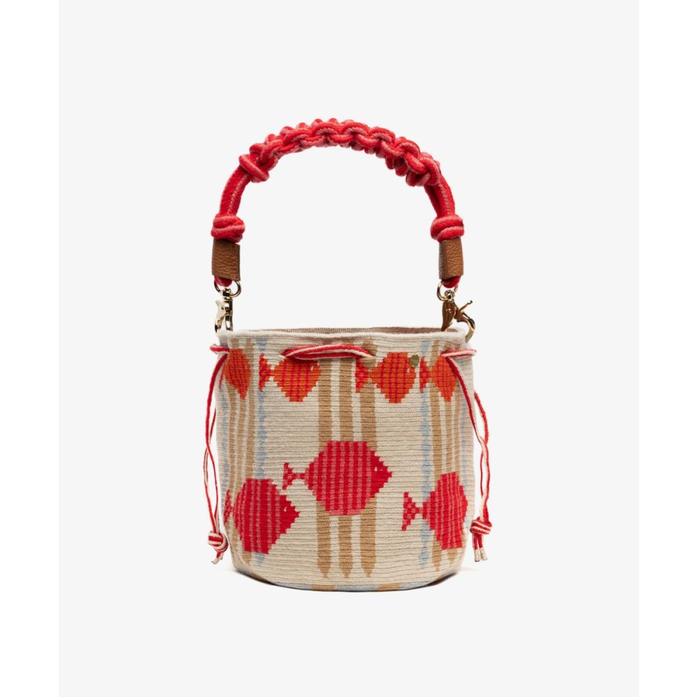 BOLSO MITRA CON ASA DE MACRAMÉ -  CEPHEUS - BEIGE Y ROJO