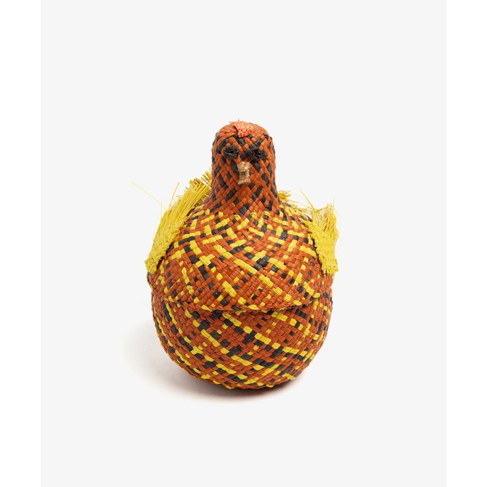 CESTO FORMA DE GALLINA - MARRÓN Y AMARILLO