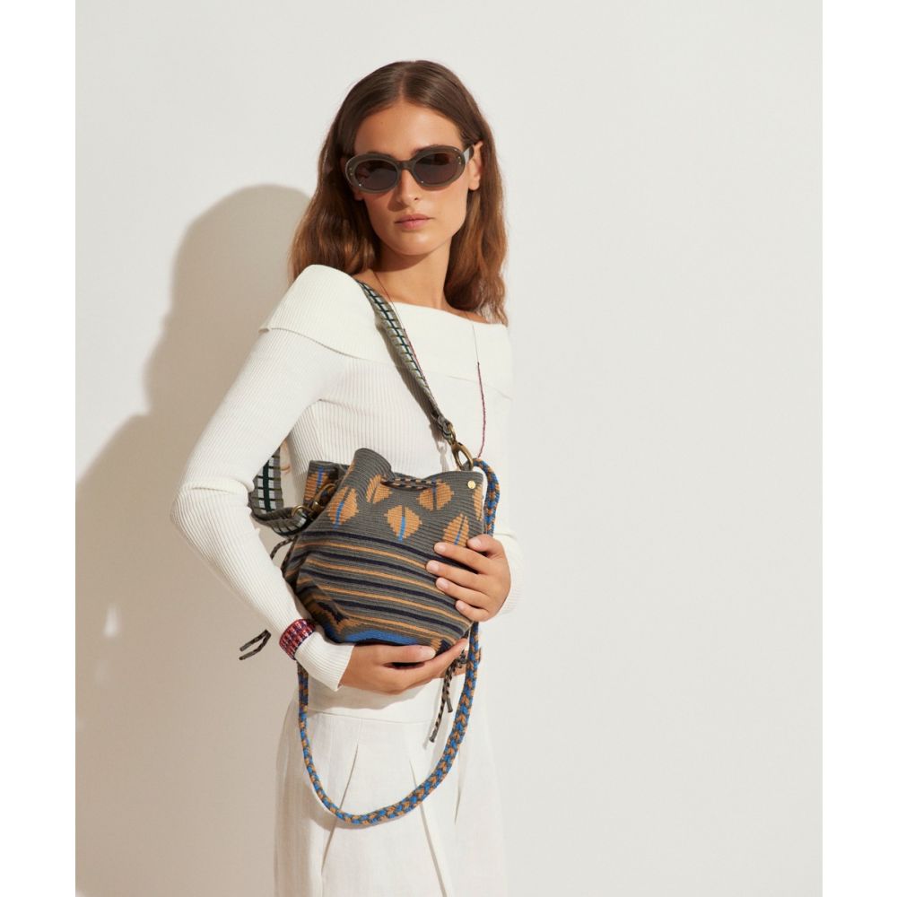 BOLSO MITRA CON ASA AJUSTABLE - HIBISCUS - GRIS Y NUDE