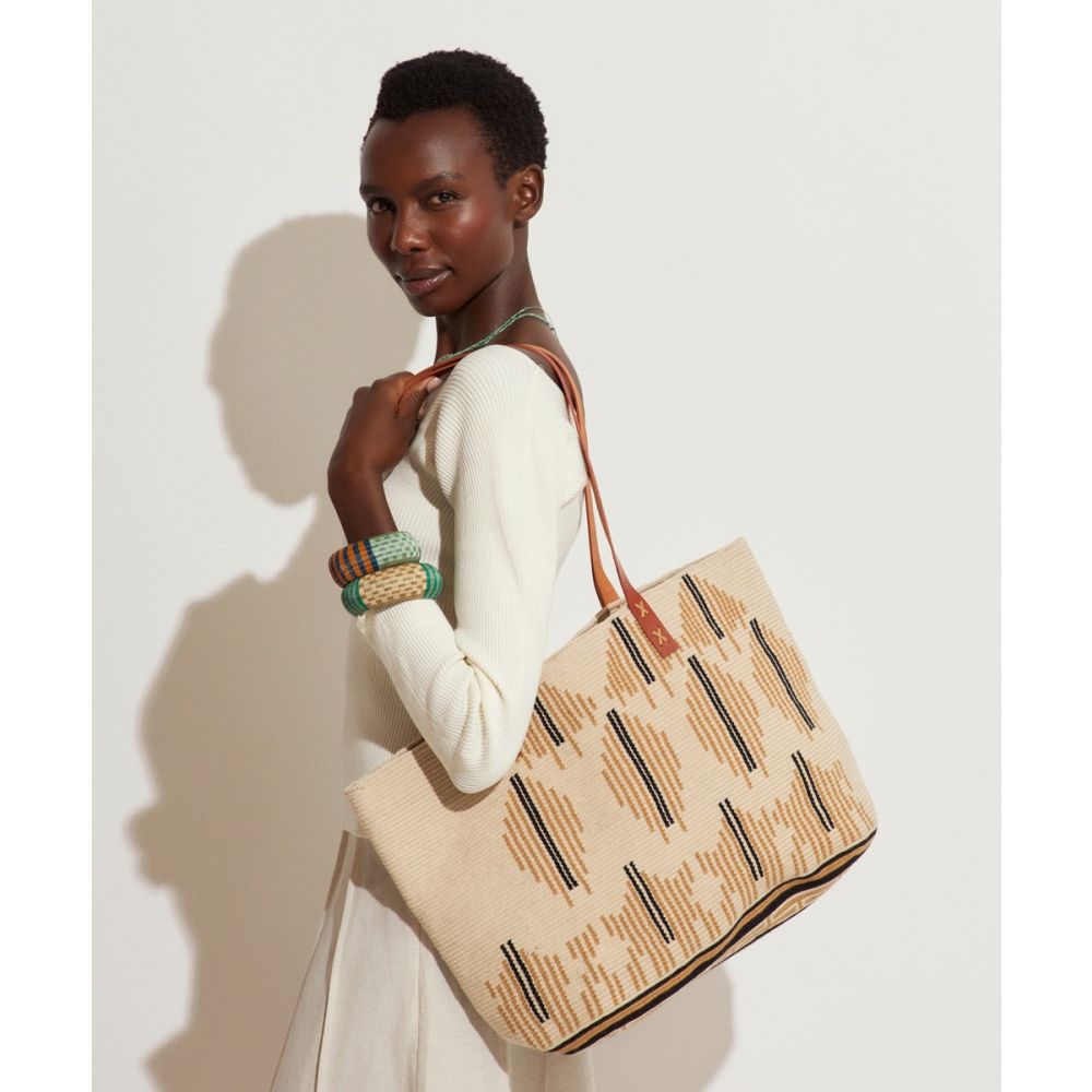 Shopping Bag L WITH LEATHER STRAP - MARIGOLD - CAMEL & BEIGE
