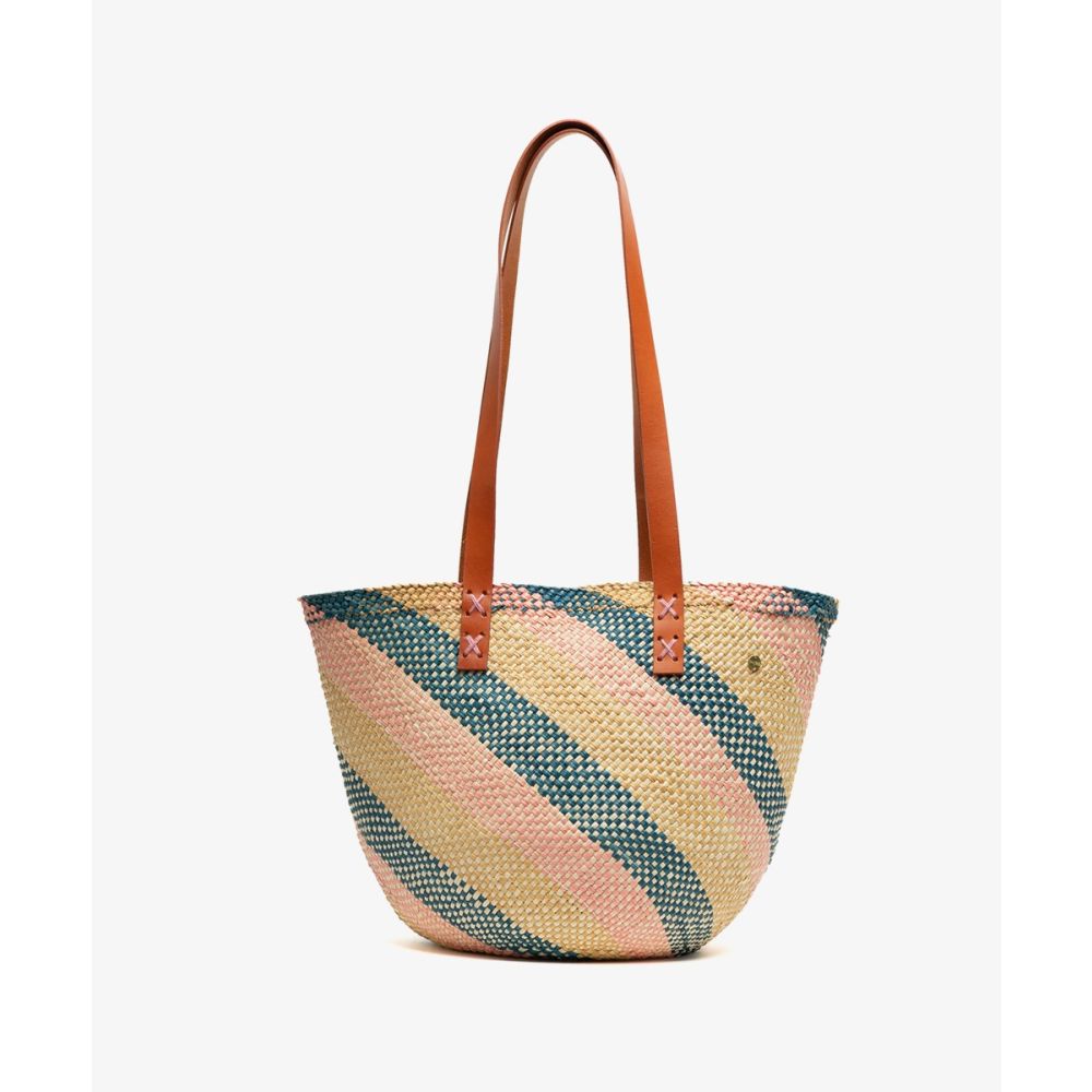 CANASTO BAG S - WITH LEATHER STRAP-BLUE/BROWN/PINK