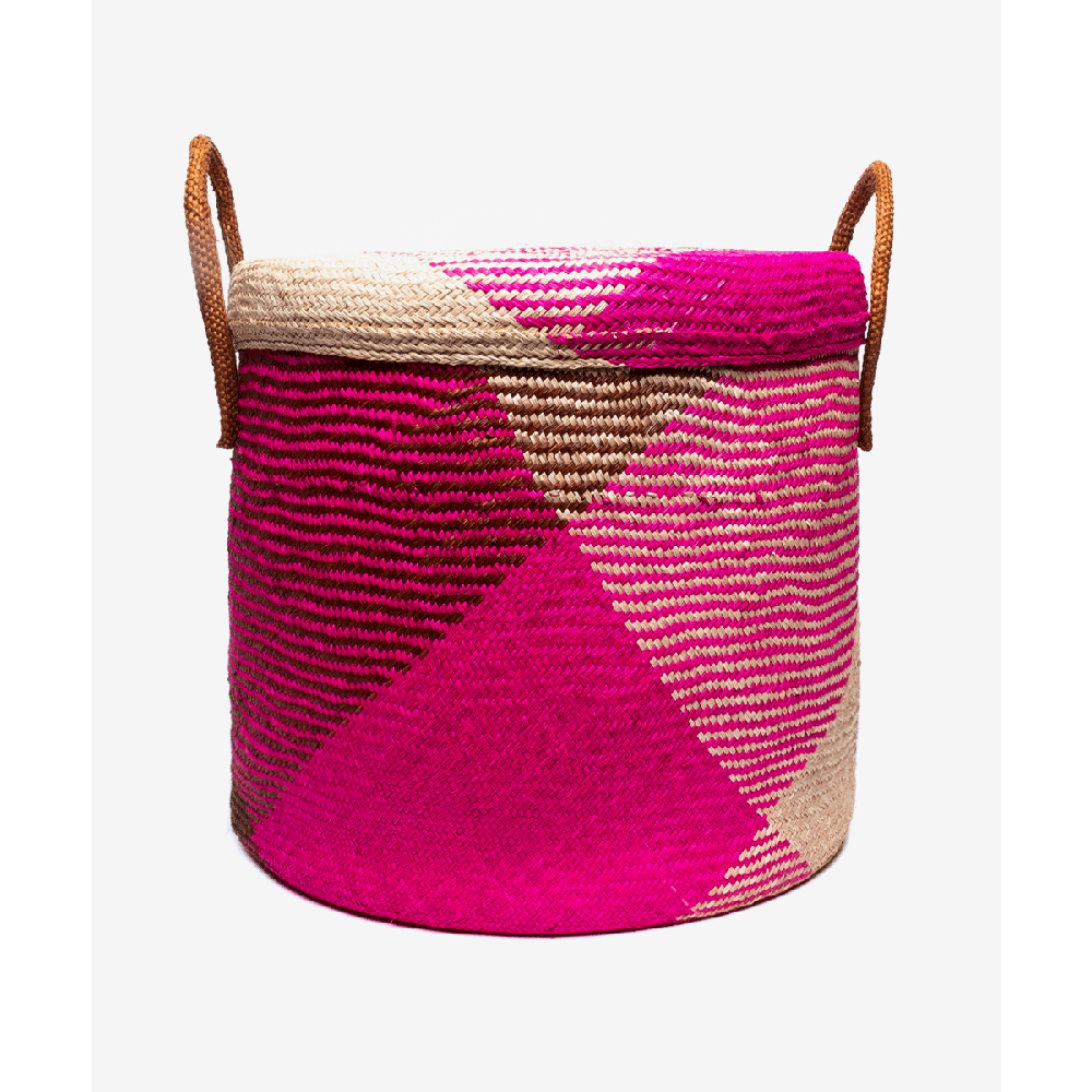 Round Iraca Basket XL - 40x40 cm CONTAINER FUCHSIA-BEIGE-BROWN
