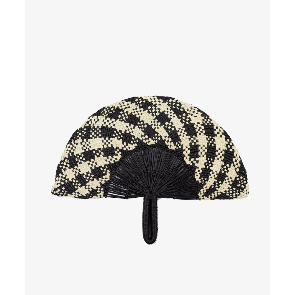 Handwoven Fan - Black & White Pied Poule & Black Stick