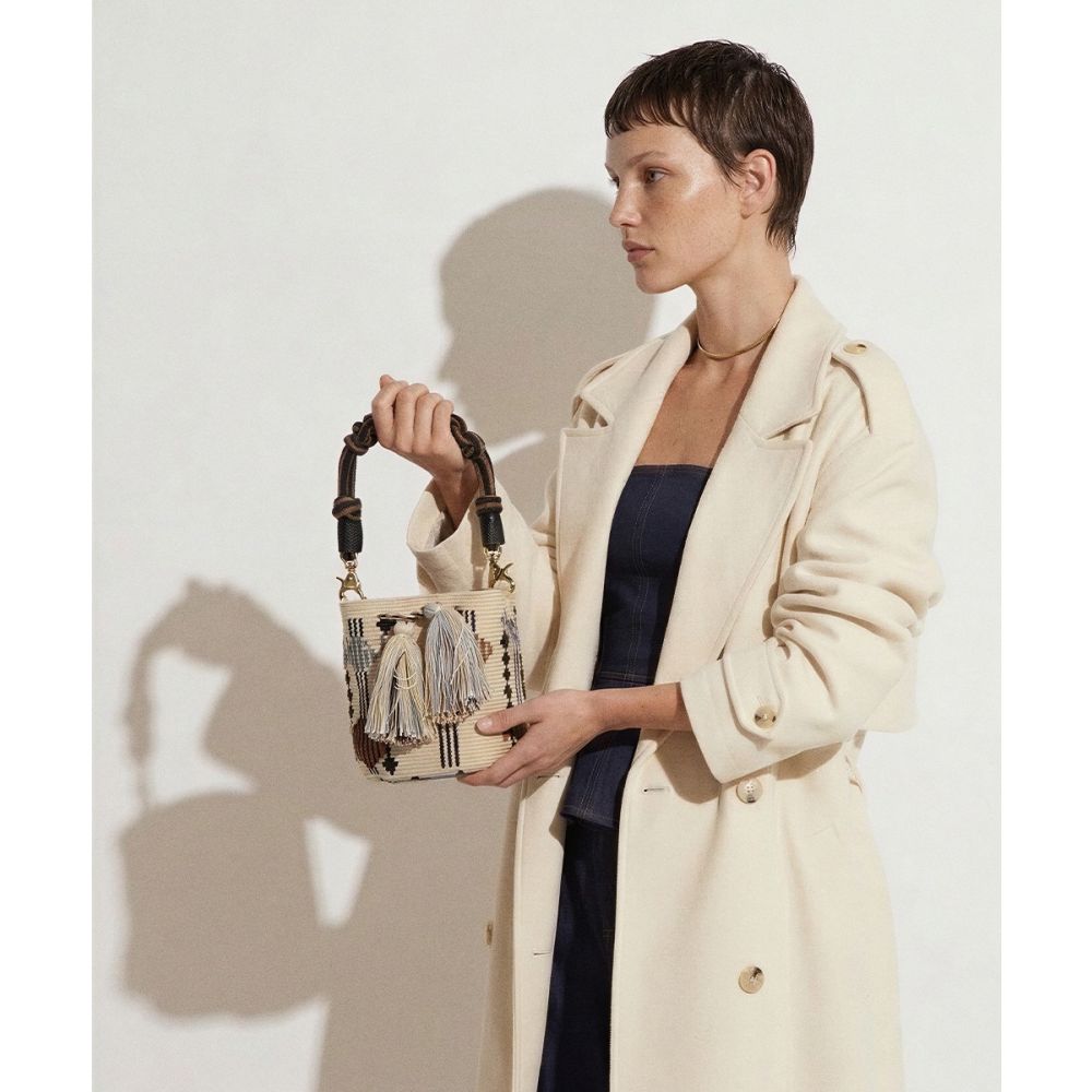 Crossbody Bag M with short macrame handle - CEPHEUS - BEIGE & BROWN