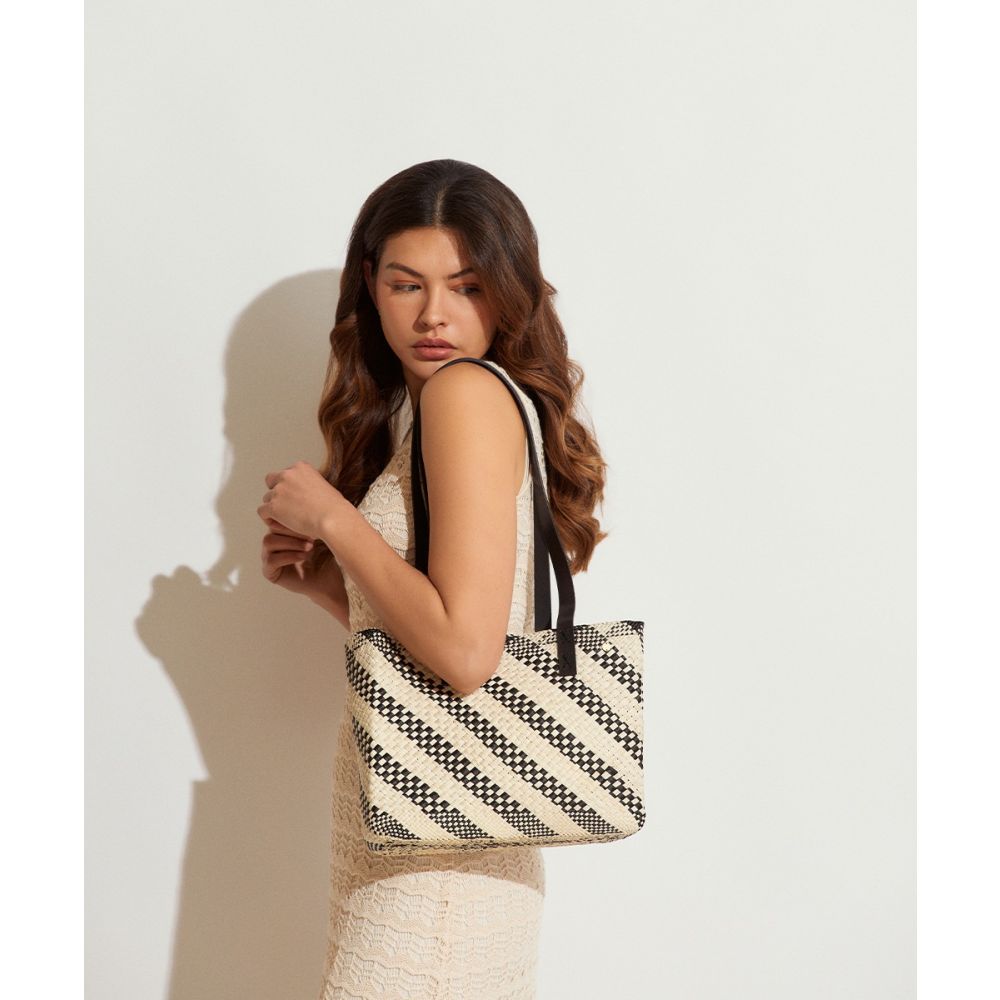 IRACA BASKET CORFU - BEIGE & BLACK - LEATHER HANDLES