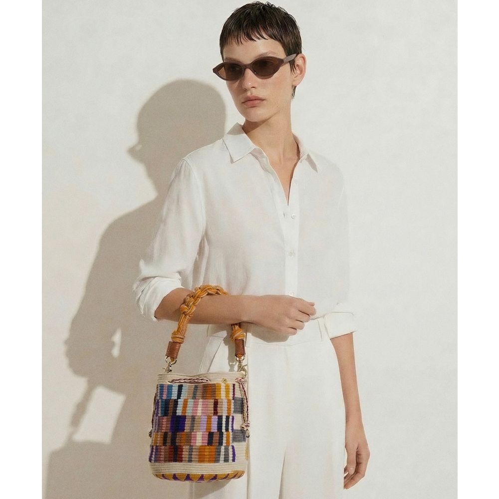 Crossbody Bag M with short macrame handle - OCTANT - PURPLE & BEIGE