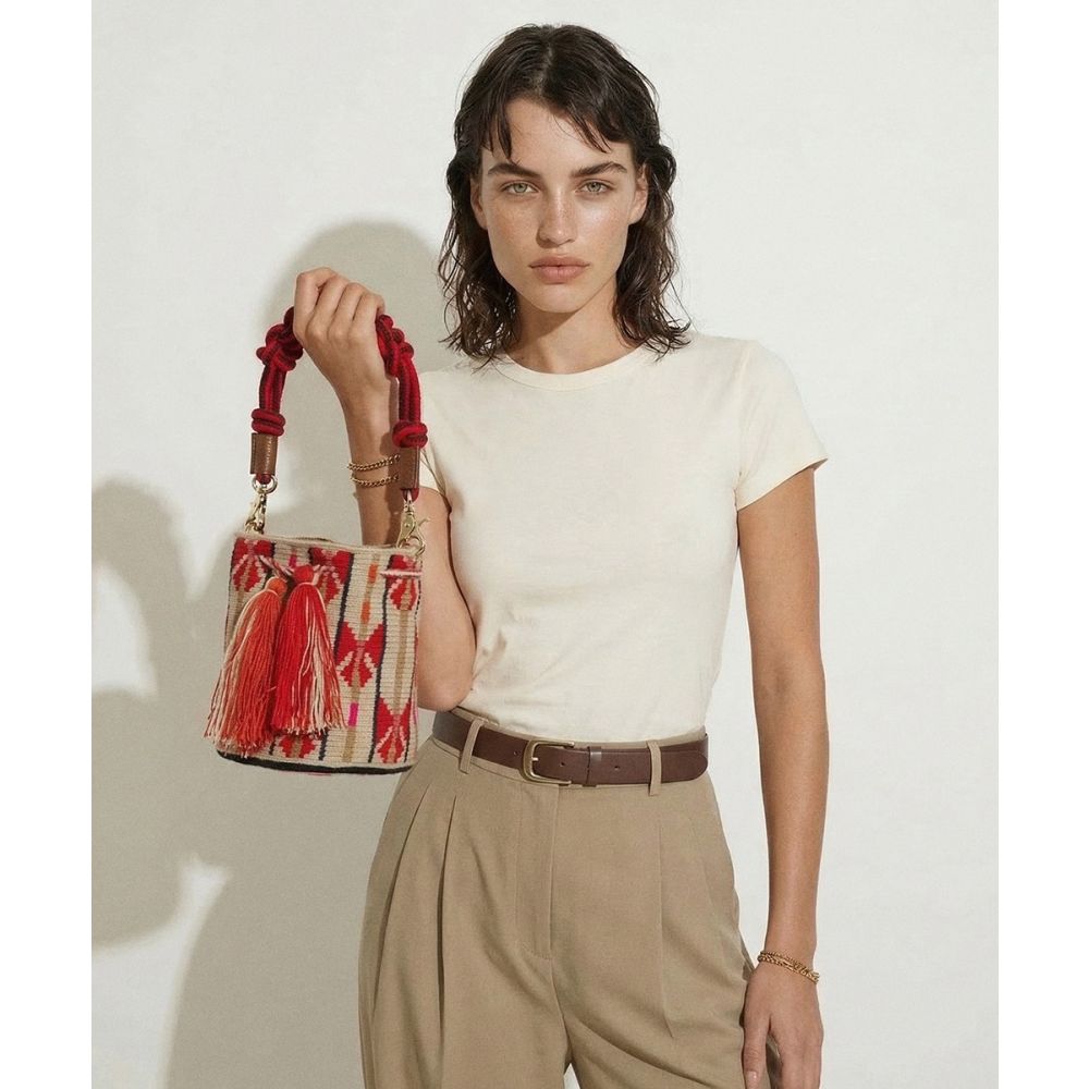 Crossbody Bag M with short macrame handle - CIRCINUS - BEIGE & RED