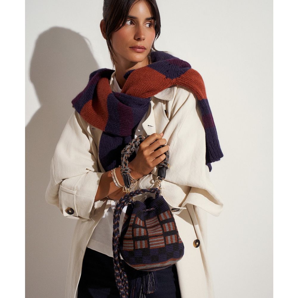 Crossbody Bag M with short macrame handle -  EVE - NAVY BLUE & BROWN
