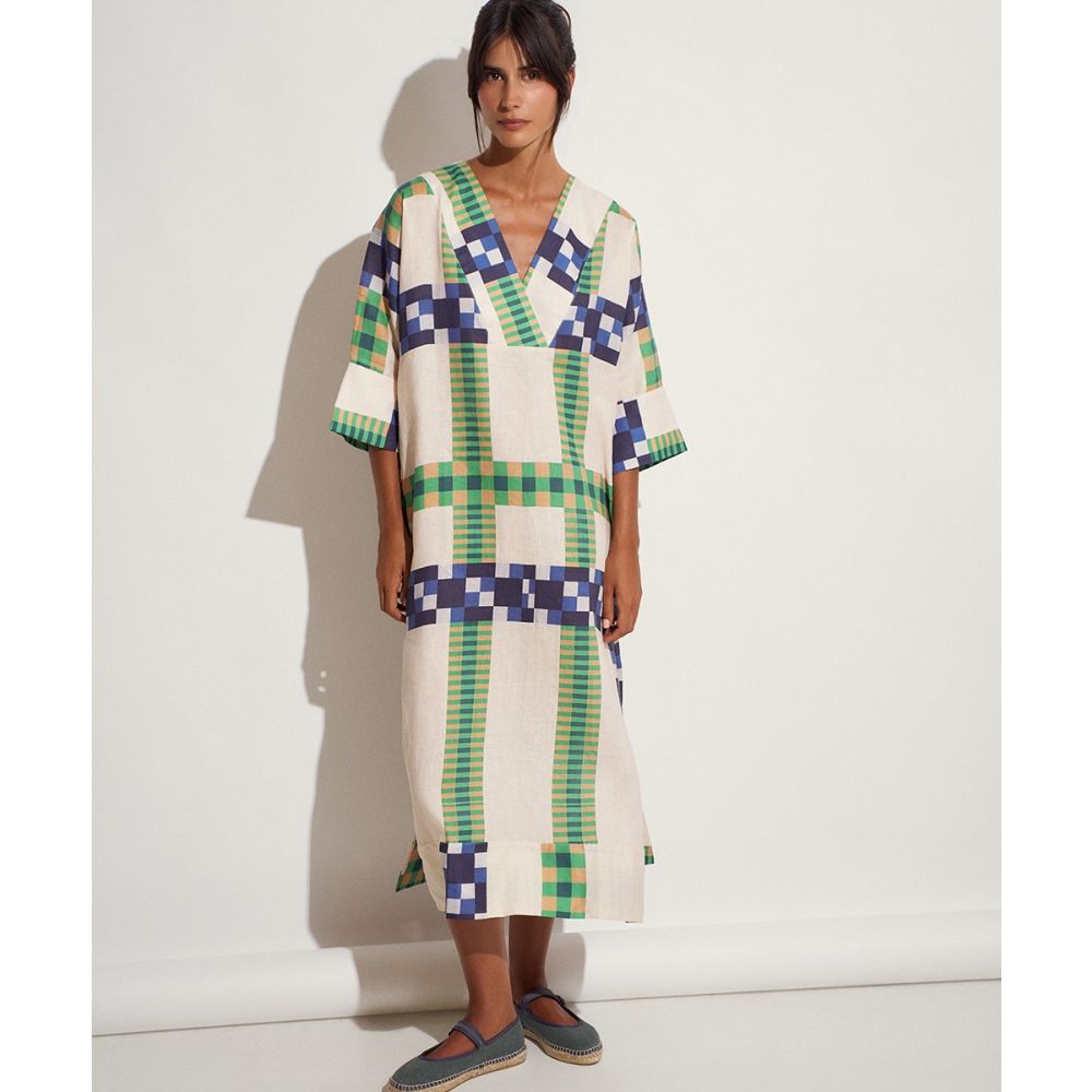 LINEN DRESS - DELPHINIUS - BEIGE & BLUE