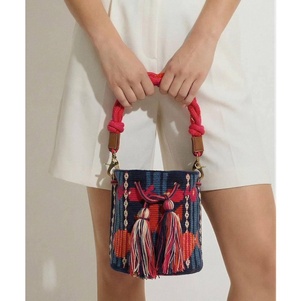 Crossbody Bag M with short macrame handle - CEPHEUS - NAVY & PINK