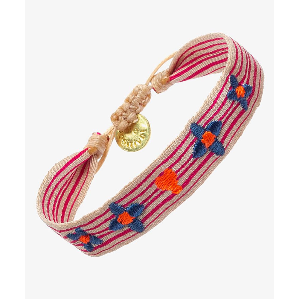 EMBROIDERED BRACELET - BEIGE & FUCHSIA STRIPES