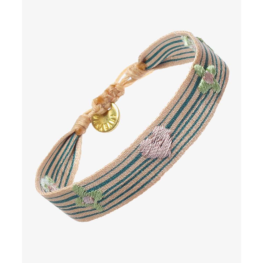 EMBROIDERED BRACELET - BEIGE & JADE GREEN STRIPES