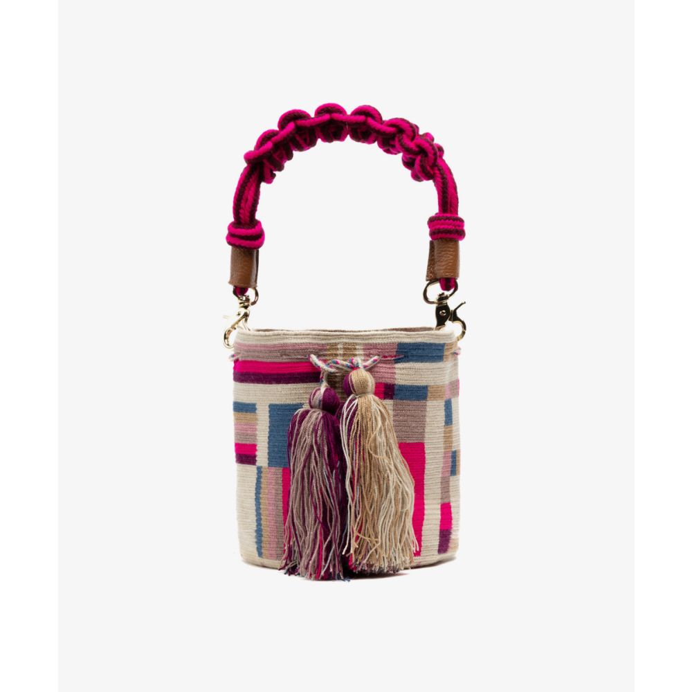 Crossbody Bag M with short macrame handle - CAPRICORNUS - BEIGE & PINK