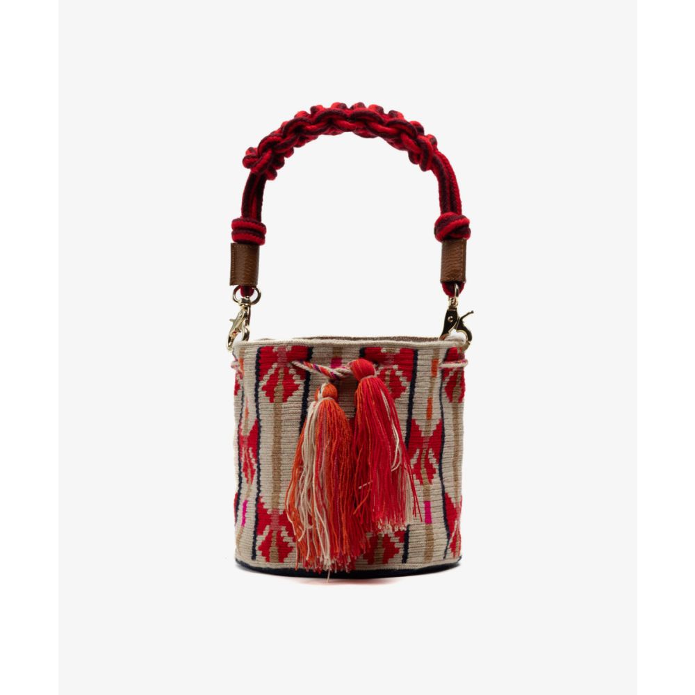 Crossbody Bag M with short macrame handle - CIRCINUS - BEIGE & RED