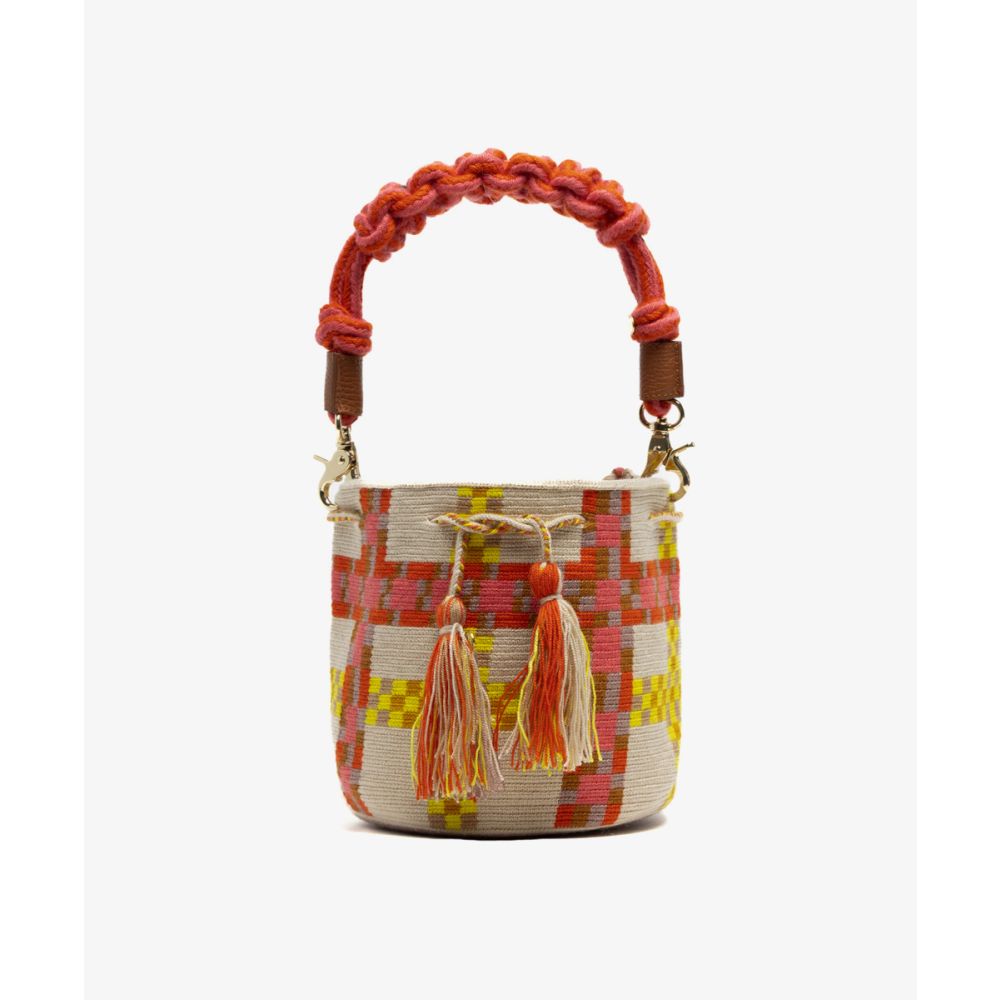 BOLSO CRUZADO M CON ASA DE MACRAMÉ - DELPHINIUS - ROSA Y AMARILLO