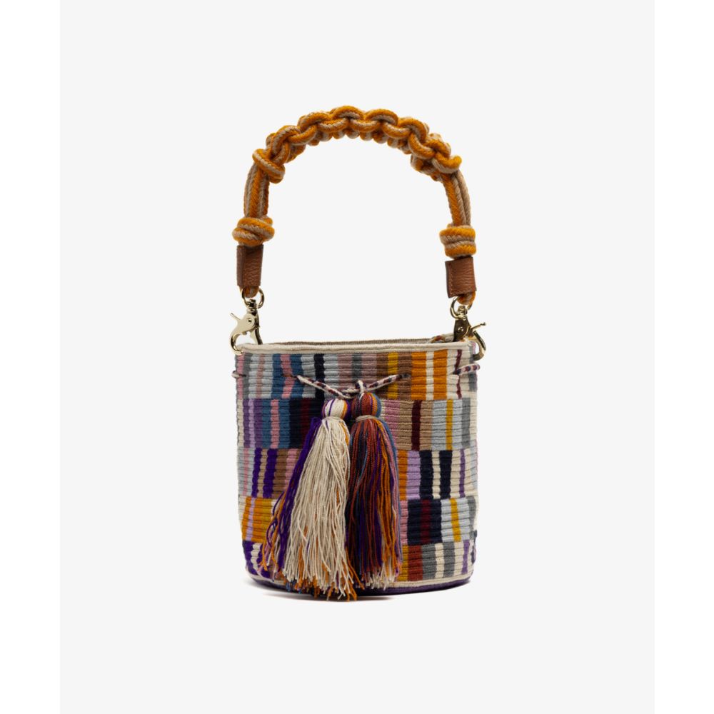 Crossbody Bag M with short macrame handle - OCTANT - PURPLE & BEIGE