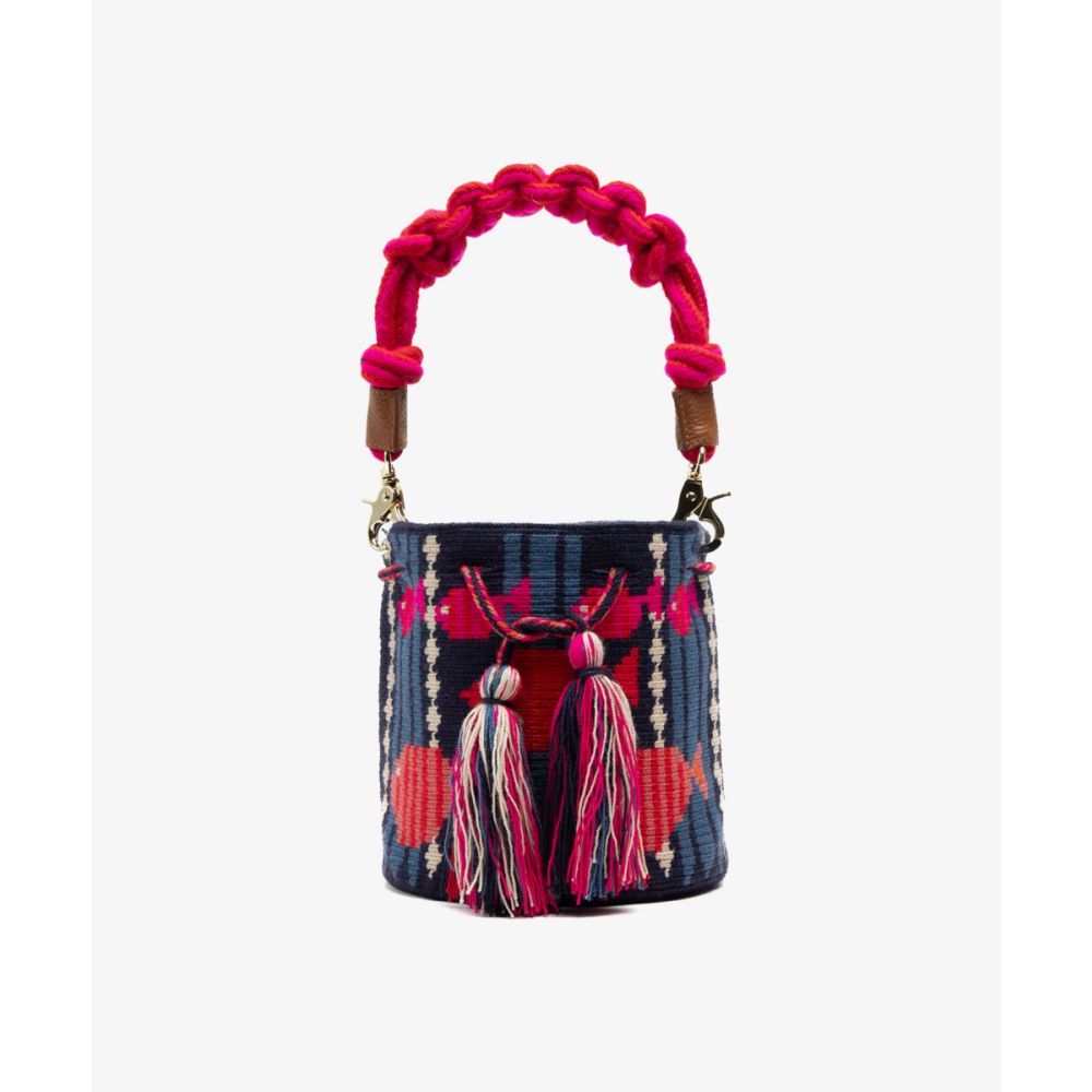 Crossbody Bag M with short macrame handle - CEPHEUS - NAVY & PINK