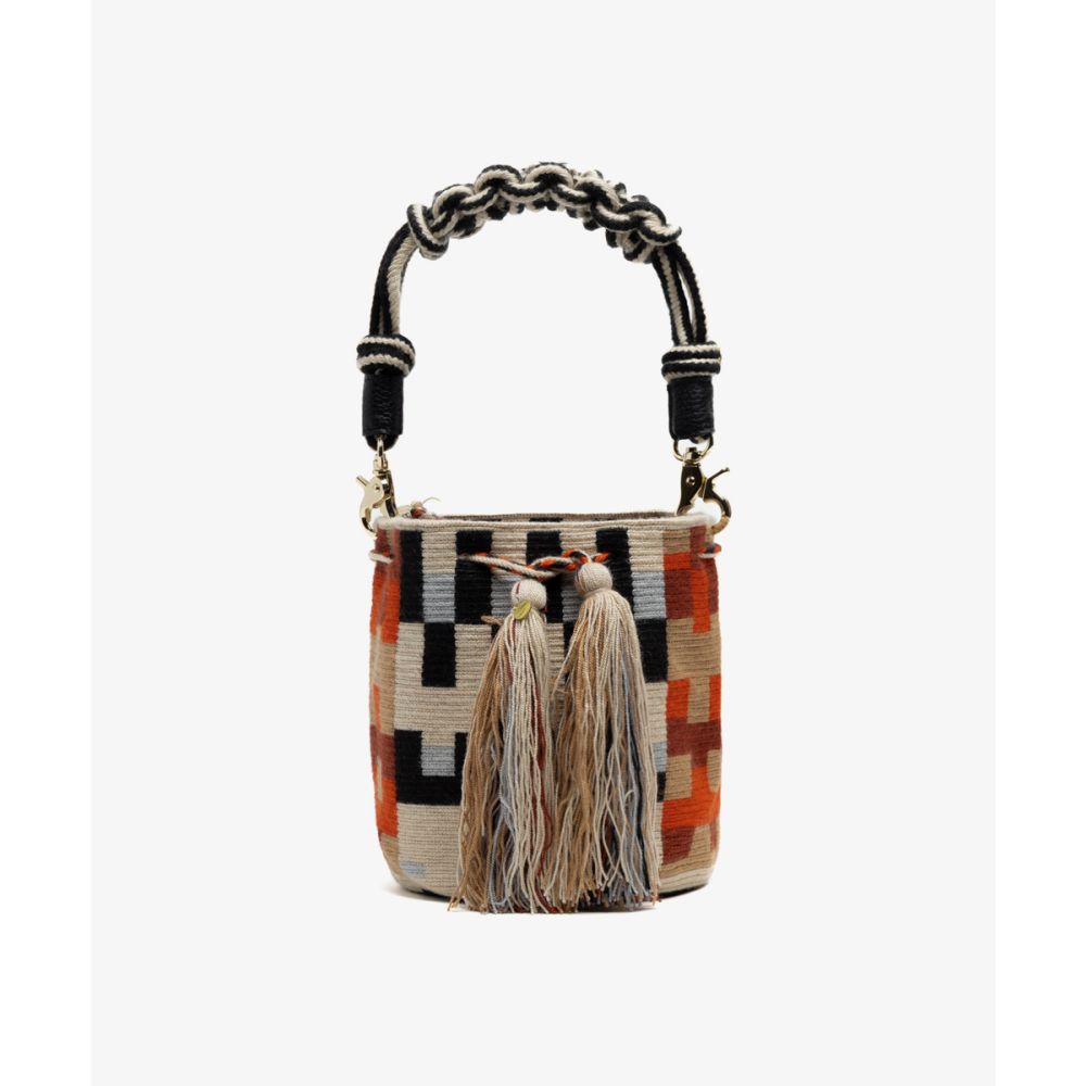 Crossbody Bag M with short macrame handle -  AURIGA- TOAST & ORANGE