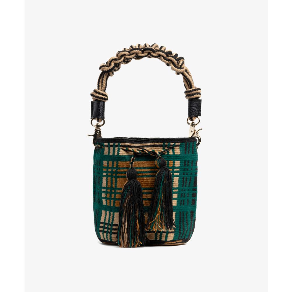 BOLSO CRUZADO M CON ASA DE MACRAMÉ - ROMY - TOSTADA Y VERDE