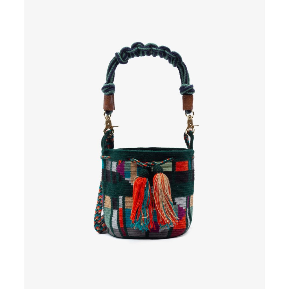Crossbody Bag M with short macrame handle - CRAB - DARK GREEN & JADE GREEN