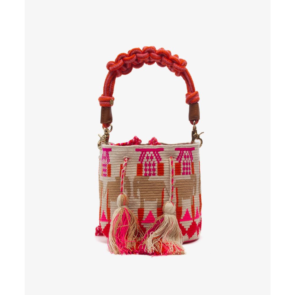Crossbody Bag M with short macrame handle - HAWK - FUCHSIA & BEIGE
