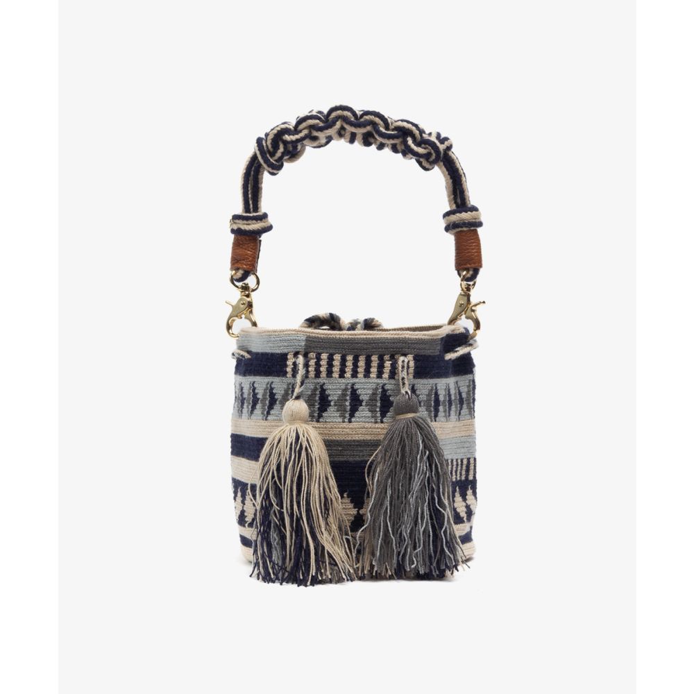Crossbody Bag M with short macrame handle -  RAVEN - BEIGE & DARK BLUE 