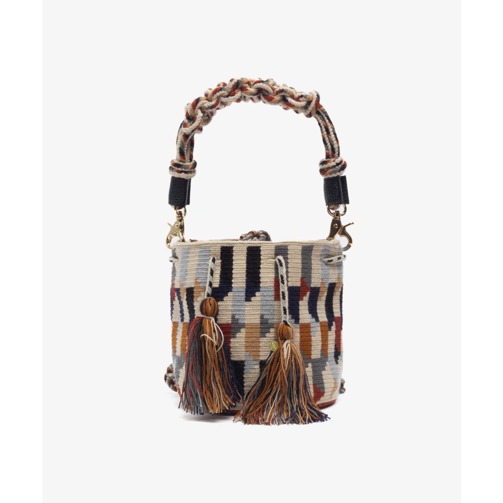 Crossbody Bag M with short macrame handle - SPARROW - BROWN & BEIGE