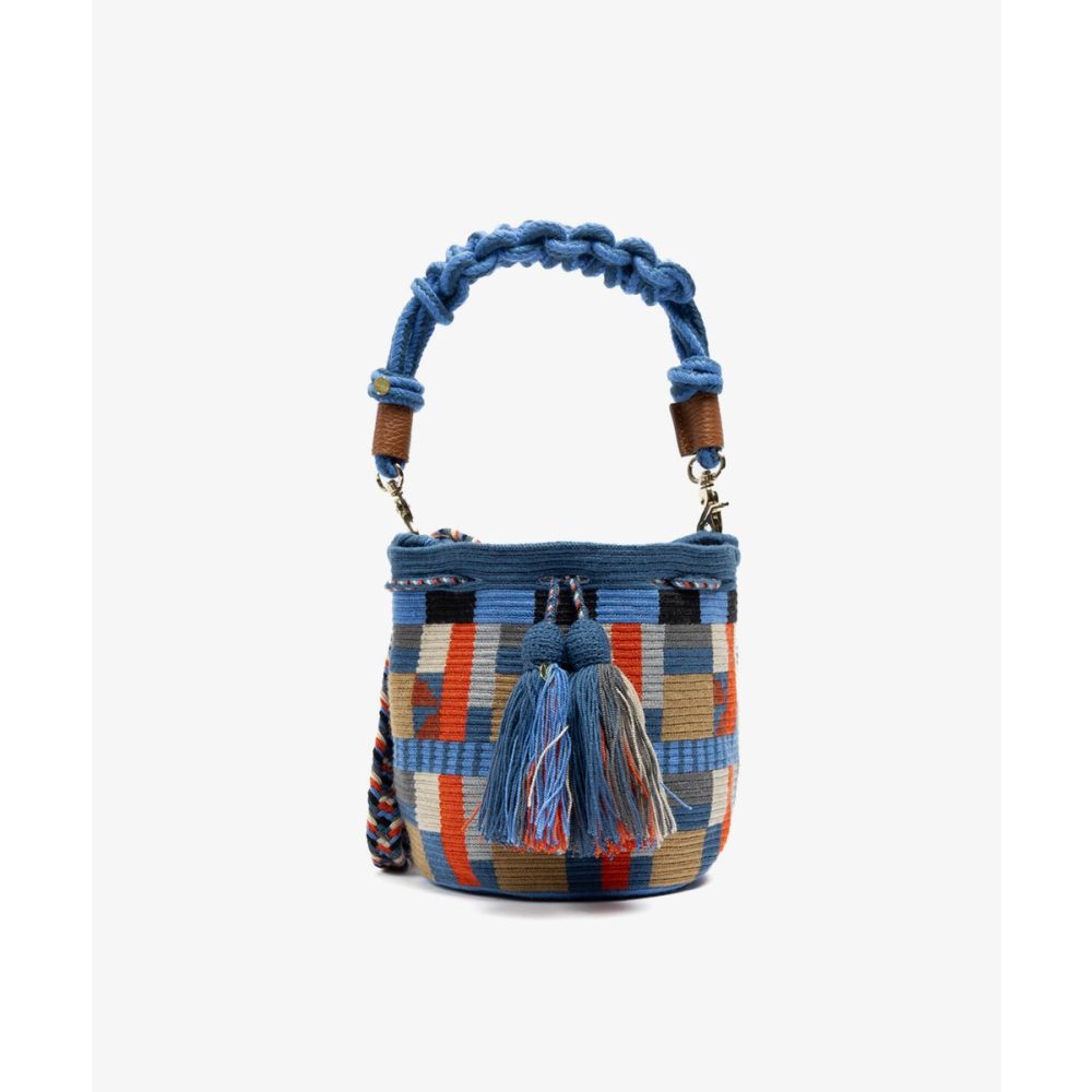Crossbody Bag M with short macrame handle - ANISE - BLUE & TERRACOTA
