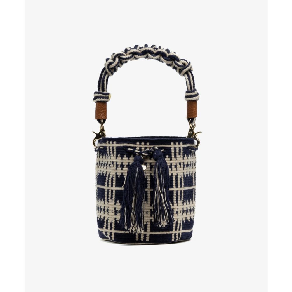 Crossbody Bag M with short macrame handle - AQUARIUS - BEIGE & NAVY