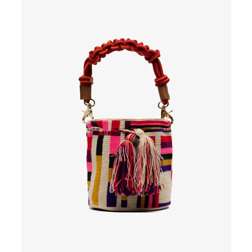 Crossbody Bag M with short macrame handle - CAPRICORNUS - BEIGE & MULTICOLOR