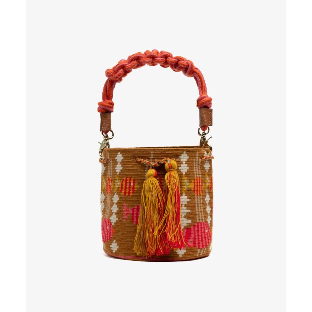 Crossbody Bag M with short macrame handle -  CEPHEUS - CAMEL & PINK
