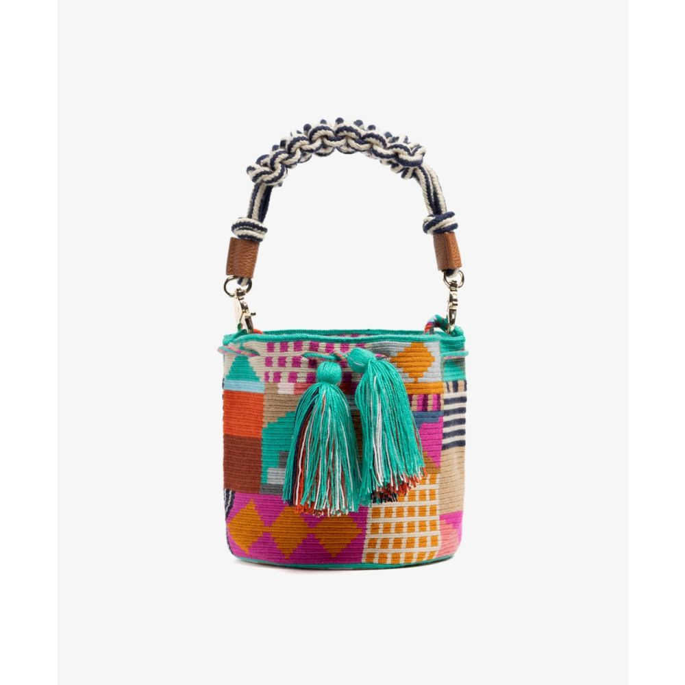 Crossbody Bag M with short macrame handle - LION - TURQUOISE & MULTICOLOR