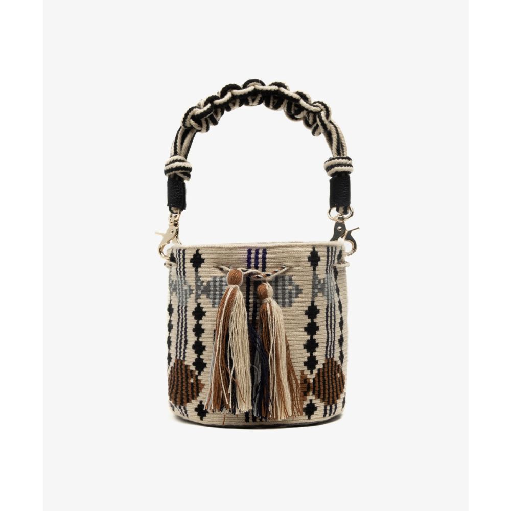 Crossbody Bag M with short macrame handle - CEPHEUS - BEIGE & BROWN