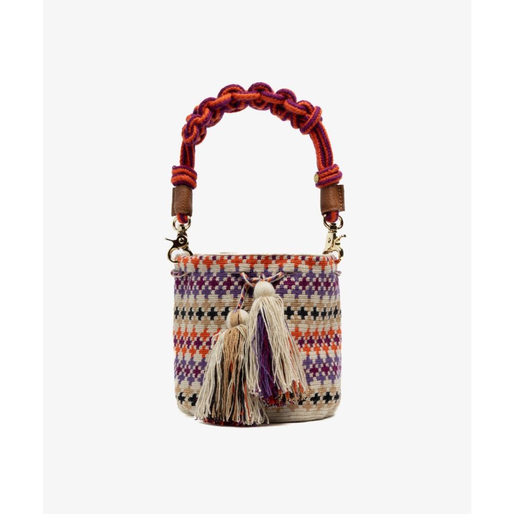 BOLSO CRUZADO M CON ASA DE MACRAMÉ - CYGNUS - NARANJA Y MORADO